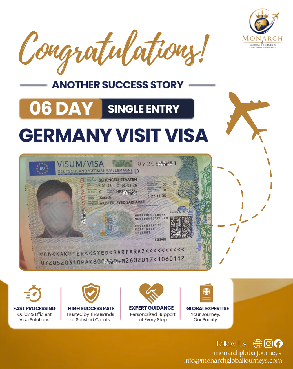 Germany visit visa approval for a Monarch Global Journey's client