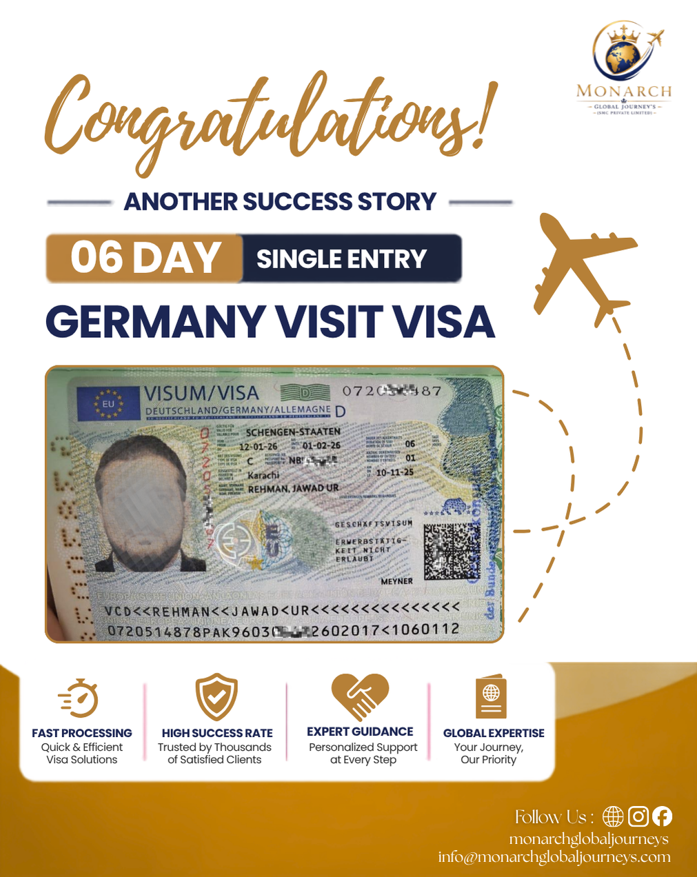 Germany visit visa approval for a Monarch Global Journey's client