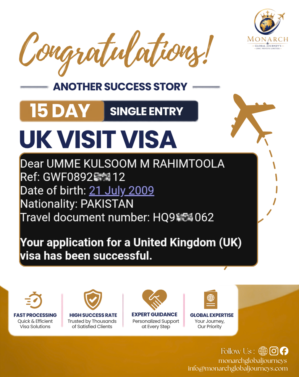 UK visit visa approval for a Monarch Global Journey's client