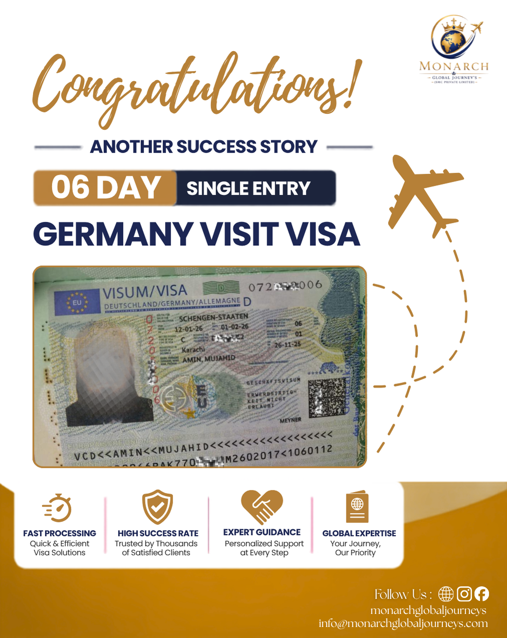 Germany visit visa approval for a Monarch Global Journey's client