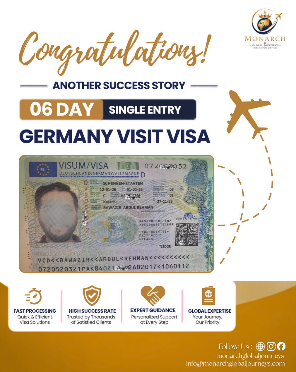 Germany visit visa approval for a Monarch Global Journey's client