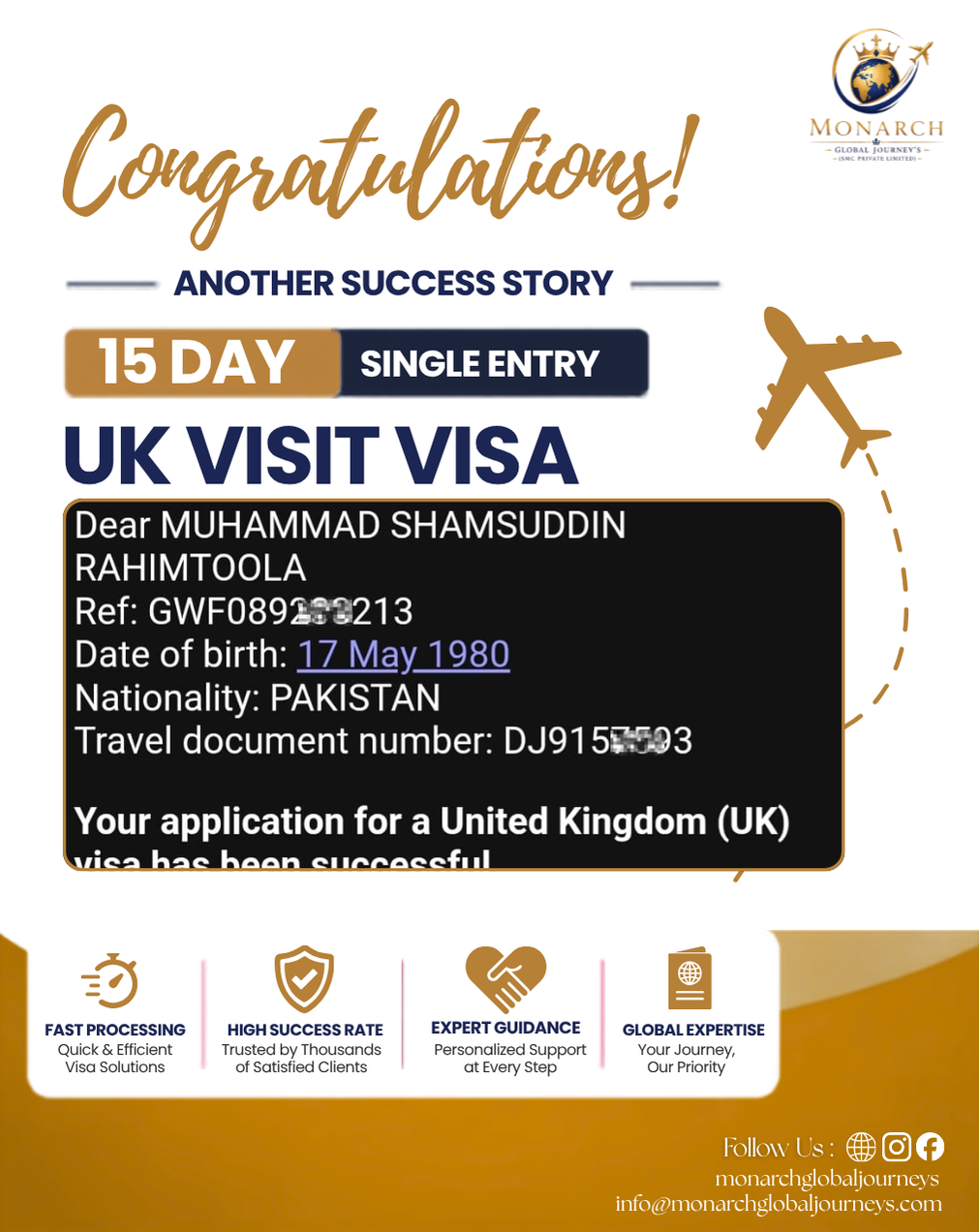 UK visit visa approval for a Monarch Global Journey's client