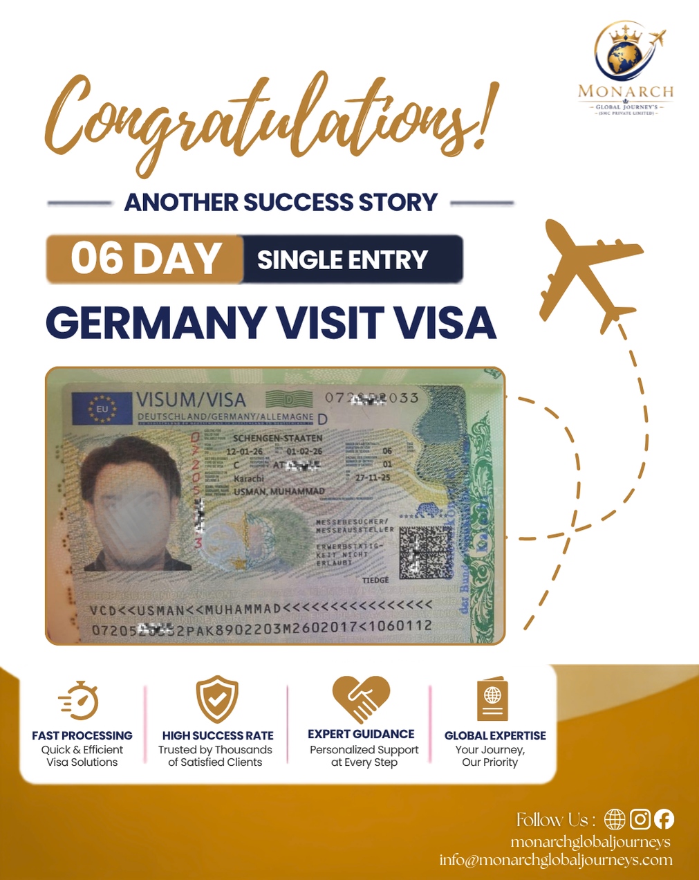 Germany visit visa approval for a Monarch Global Journey's client