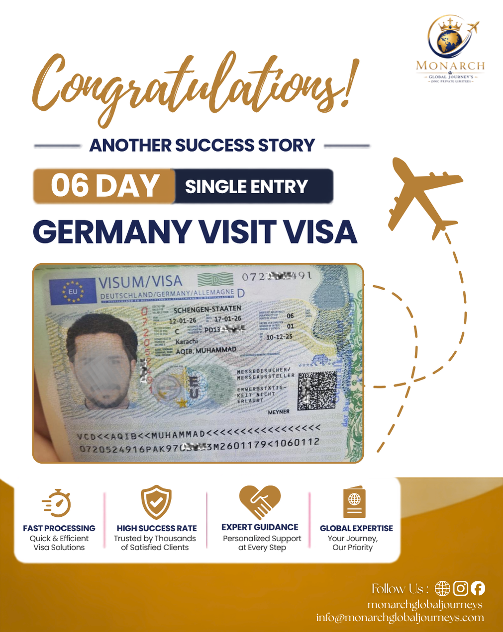 Germany visit visa approval for a Monarch Global Journey's client