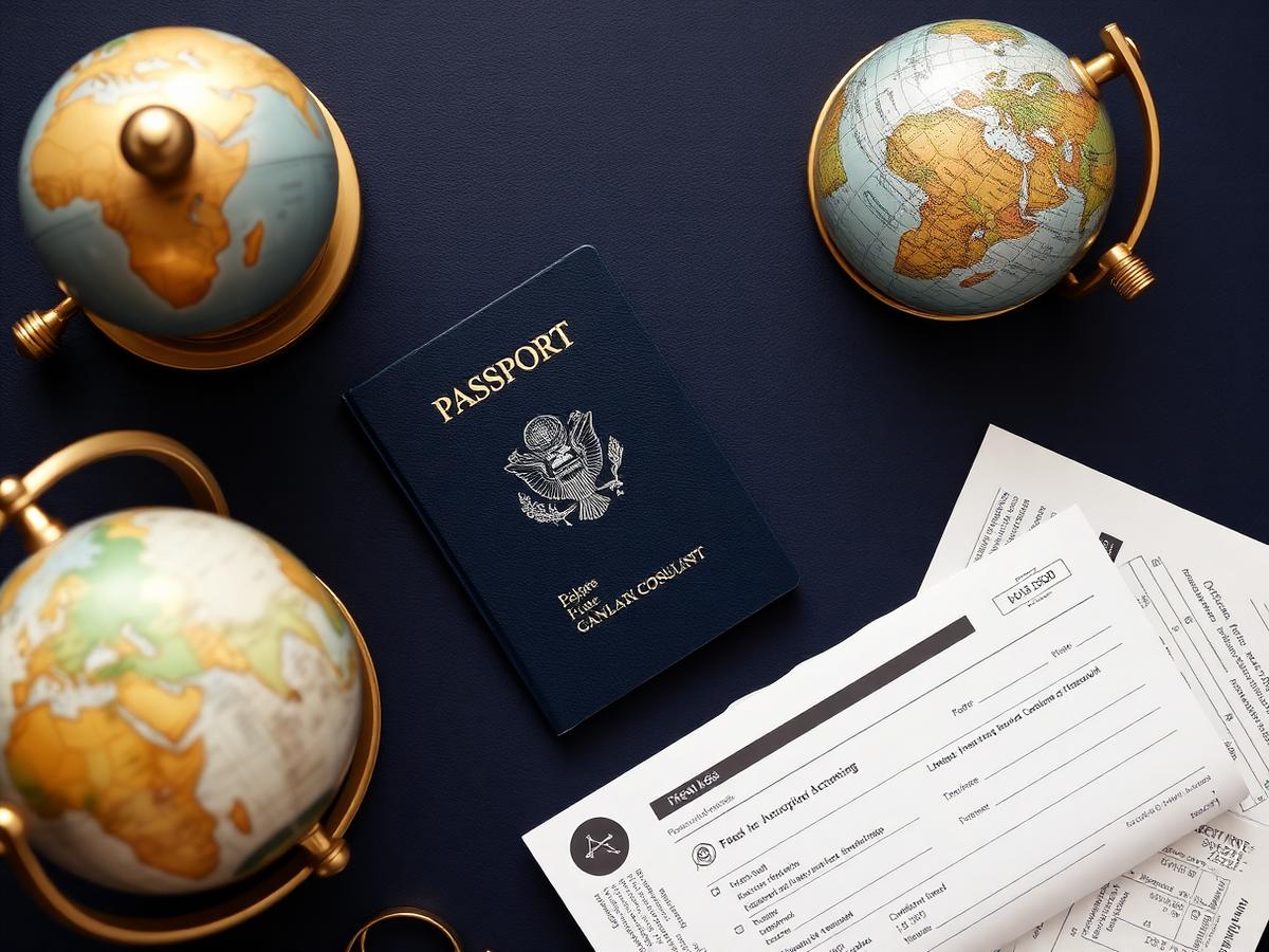 Passport, globes and travel documents on a navy desk